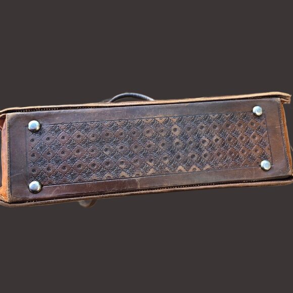 Vintage 70s Mexican Mayan Tooled Leather Handbag Shoulder Bag  Brown Top Handles - Picture 7 of 12